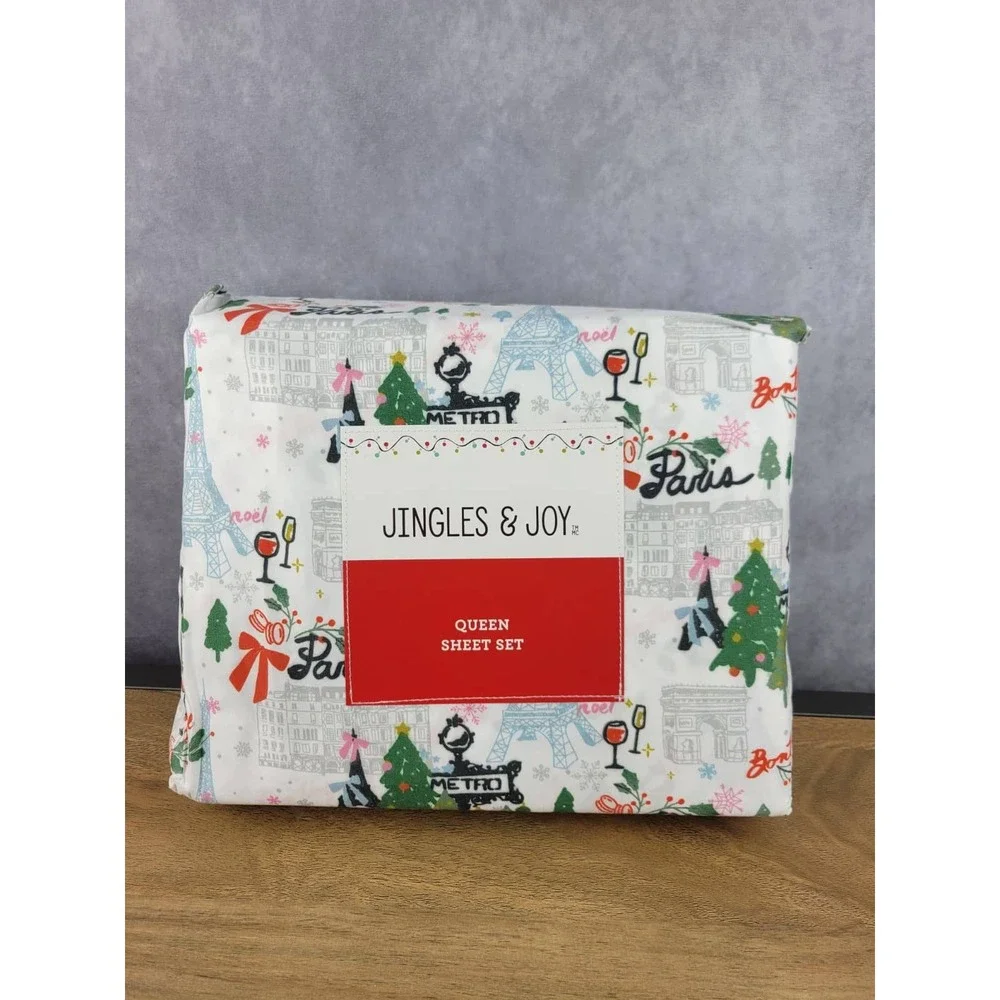Jingles &‎ Joy Queen Sheet Set Paris Christmas Trees Eiffel Tower Noel